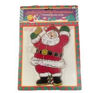 Vintage Plastic Christmas Santa Suncatcher 9 In NEW in pkg. Stained Glass Look